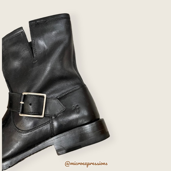 $388 Frye Natalie Engineer Black Leather  Short Moto Belted Casual Lug AnkleBoot - Picture 14 of 16